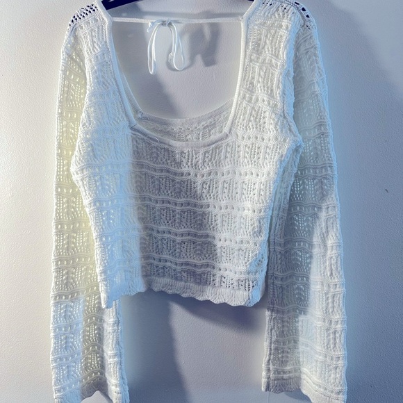 Long-Sleeve Square-Neck Crochet-Style Sweater - Picture 3 of 8